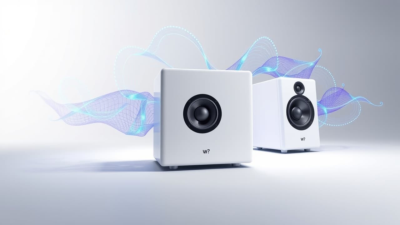 A living room setup with multiple surround sound speakers creating an immersive audio experience for movies.