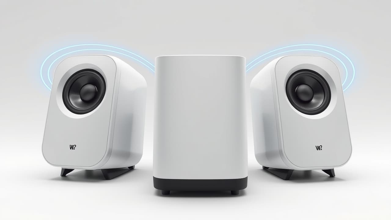 A pair of compact wireless surround speakers placed discreetly in a living room without visible cables.