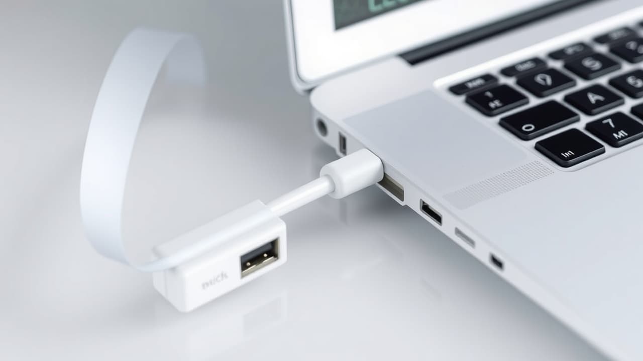 A sleek, compact USB-C hub next to a laptop, highlighting its portable design and integrated cable for on-the-go use