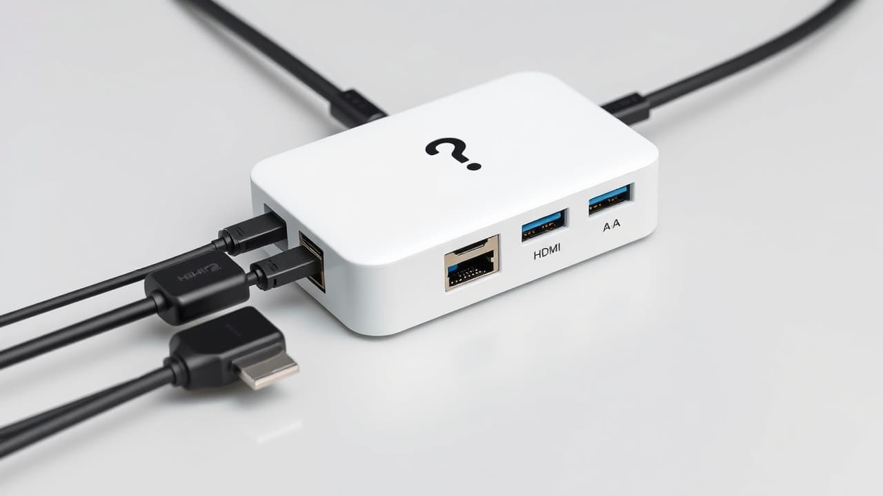 Various devices including a laptop, tablet, and smartphone connected to a USB-C hub, symbolizing broad compatibility across different operating systems