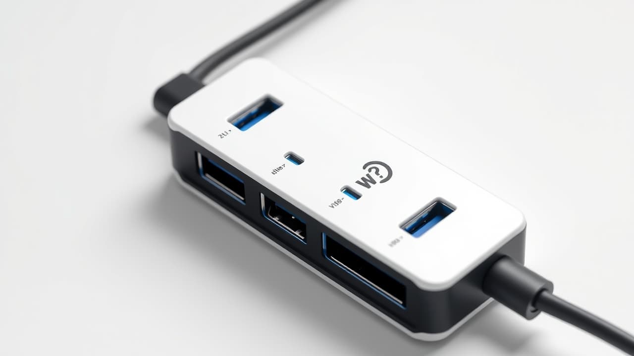 Various USB-C hubs showing different port configurations including USB-A, HDMI, Ethernet, and SD card slots