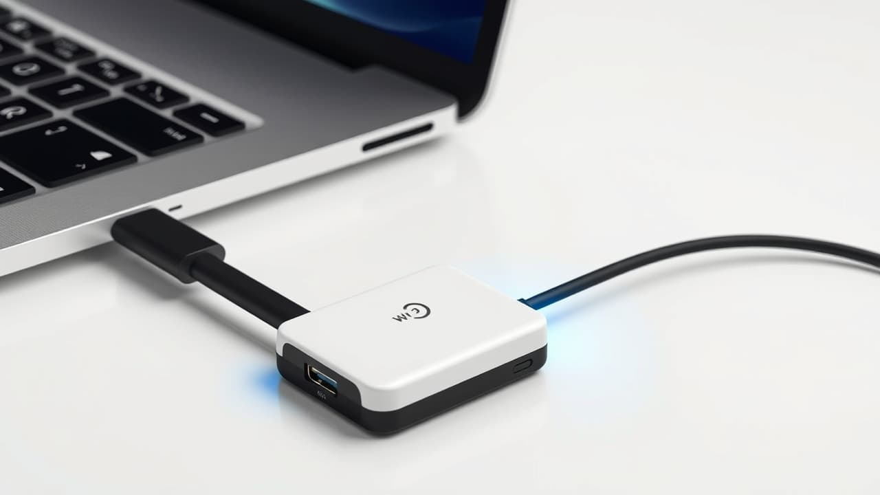 USB-C hub connected to a laptop, showing power delivery icon and charging status, indicating efficient power management