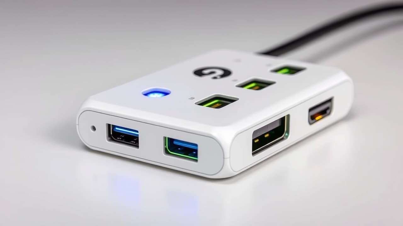 Comparison of a compact USB-C dongle, a larger USB-C docking station, and a powerful Thunderbolt dock, illustrating different hub types