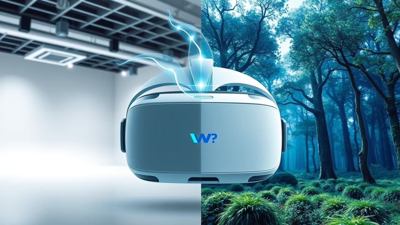 Person playing a VR game, another person watching a VR movie, and a person working in a VR productivity environment, illustrating different VR use cases