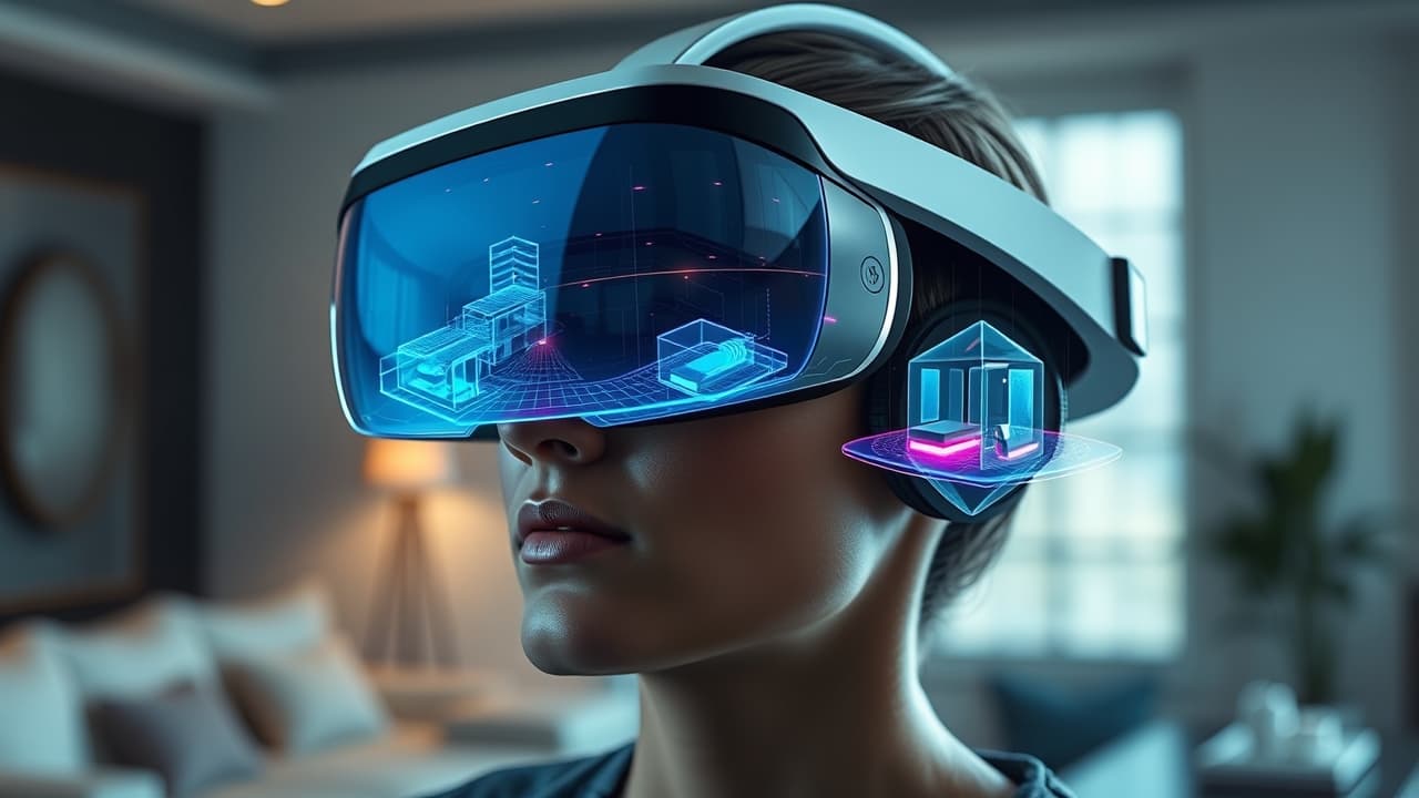 User wearing a VR headset with virtual objects seamlessly integrated into their real-world environment via passthrough cameras