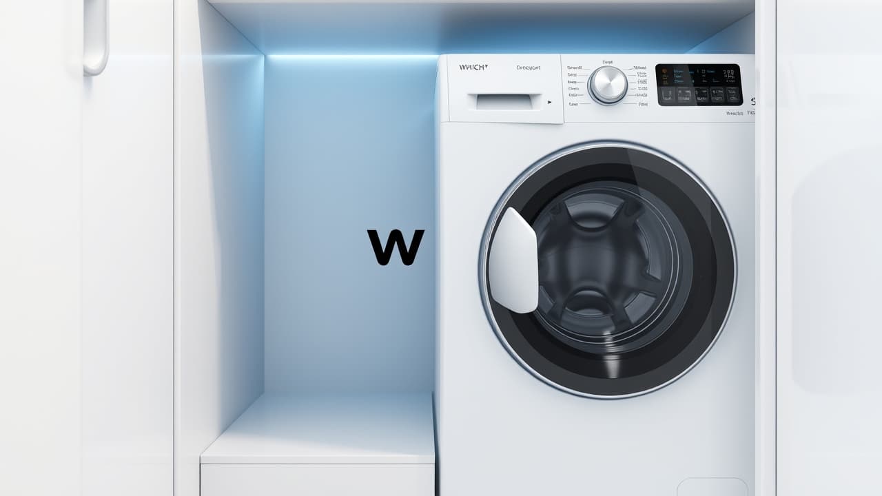 A compact stackable washer and dryer set in a small laundry closet