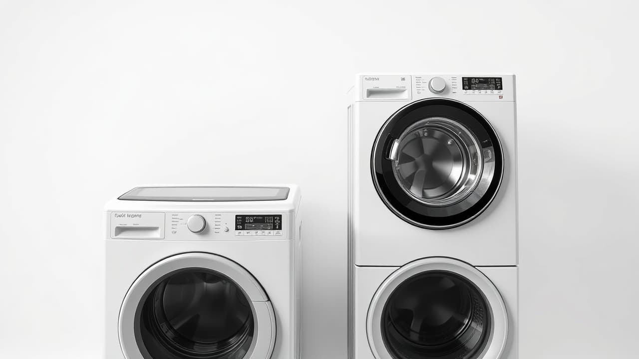 Different types of washing machines including front-load, top-load with agitator, and top-load with impeller