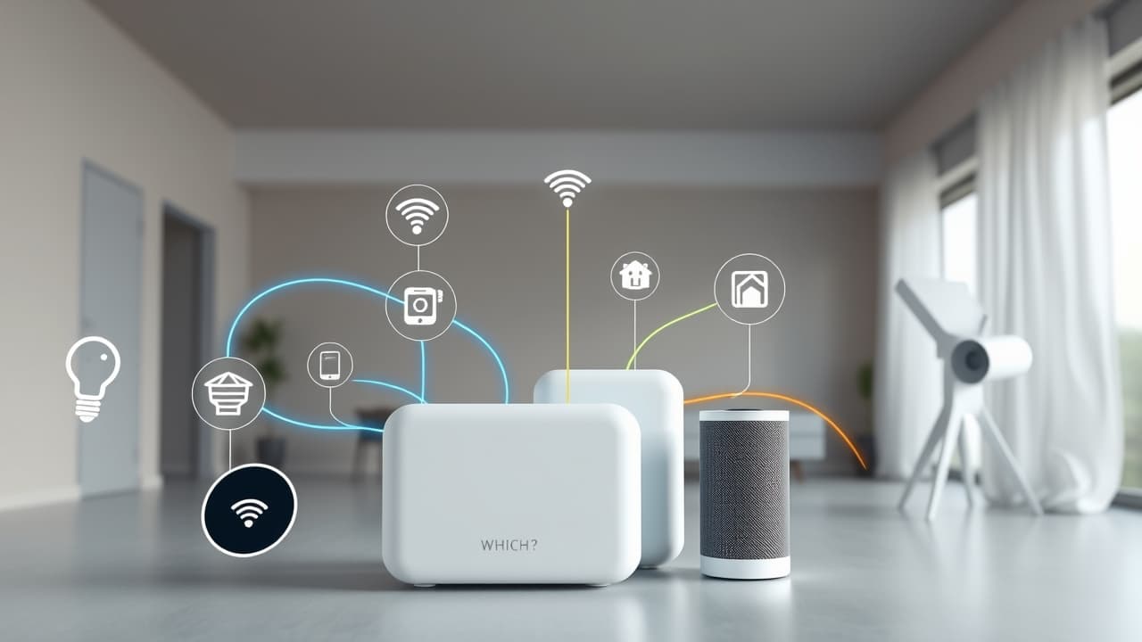 Smart home devices like a smart speaker, light bulb, and thermostat connected to a mesh Wi-Fi network