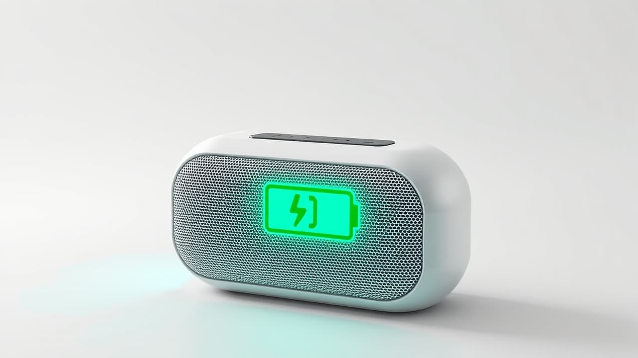 A battery icon with a charging cable, representing the importance of long battery life for a wireless speaker.