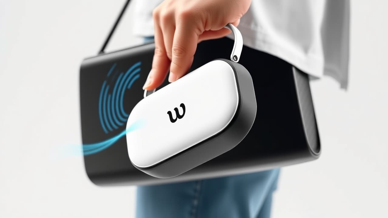 A person holding a compact Bluetooth speaker, illustrating its ease of carrying for travel or outdoor activities.