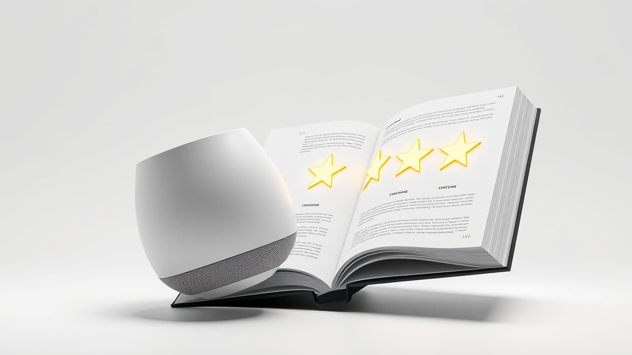 A magnifying glass over a star rating, symbolizing the importance of user and expert reviews for product evaluation.