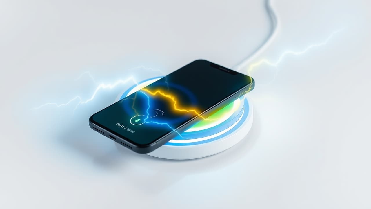 Smartphone charging wirelessly on a pad, with a lightning bolt icon indicating fast charging