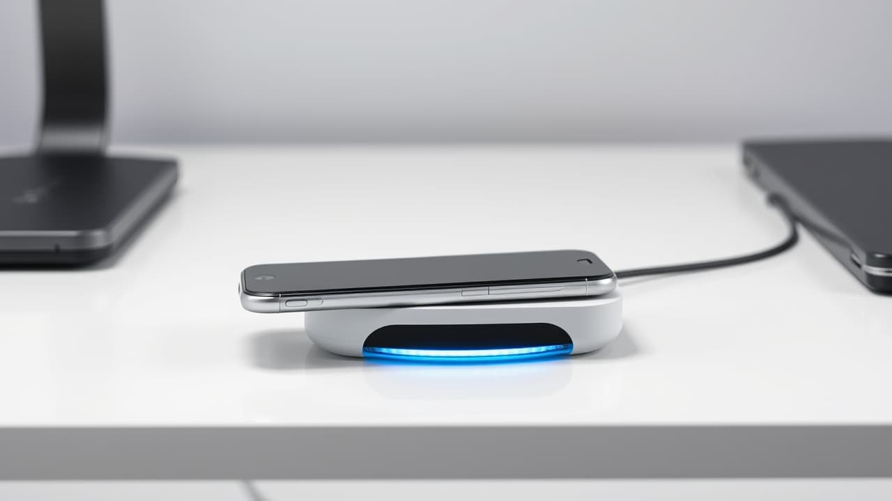 A hand effortlessly placing a phone on a wireless charger, symbolizing ease of use