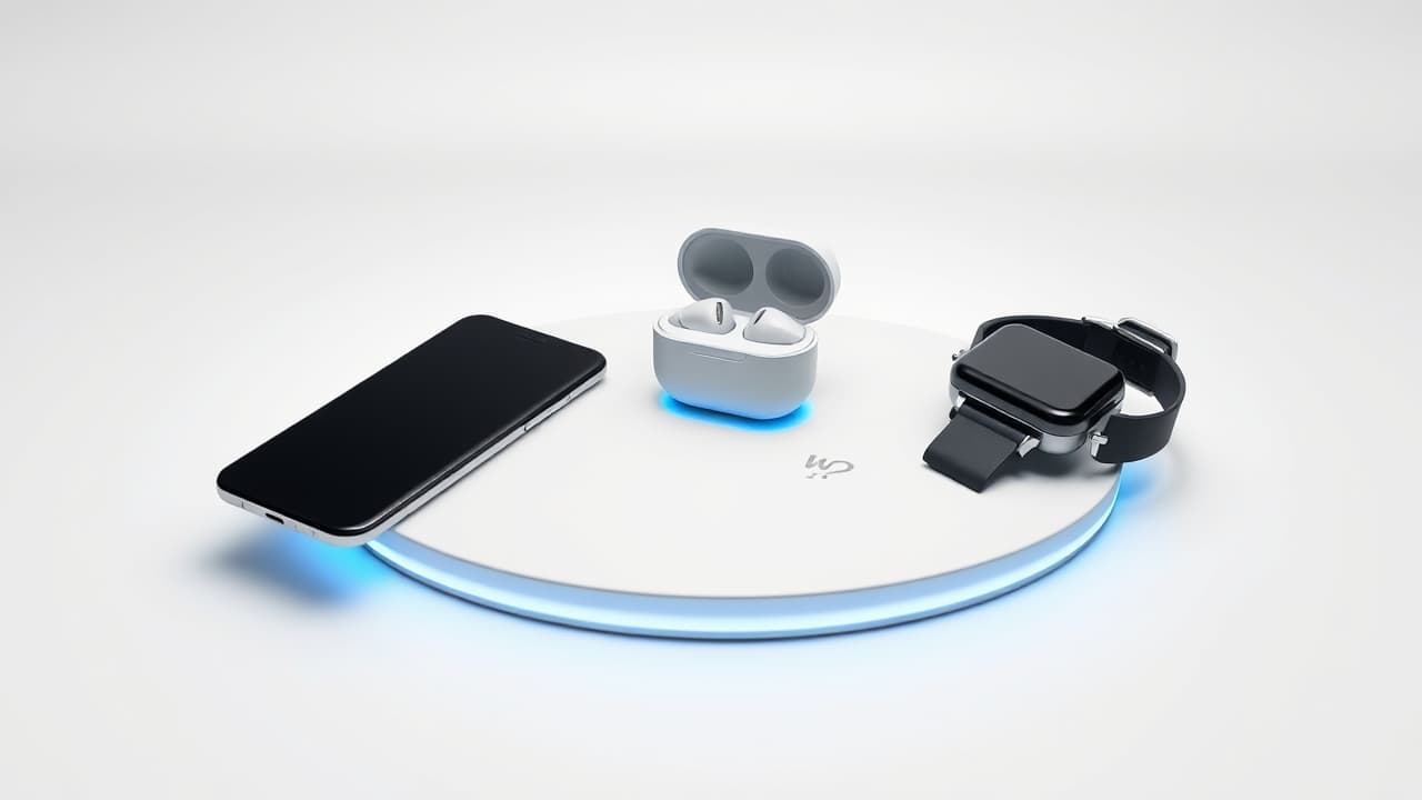 Multiple devices like a smartphone, smartwatch, and earbuds charging on a single wireless pad