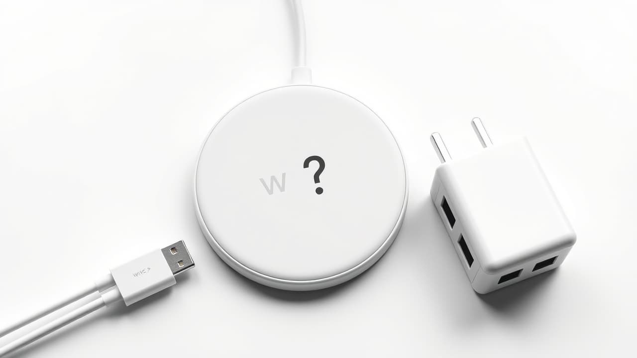 A wireless charger packaged with a power adapter and a USB-C charging cable