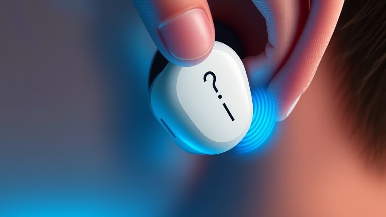 Hand touching a wireless earbud to adjust volume or playback